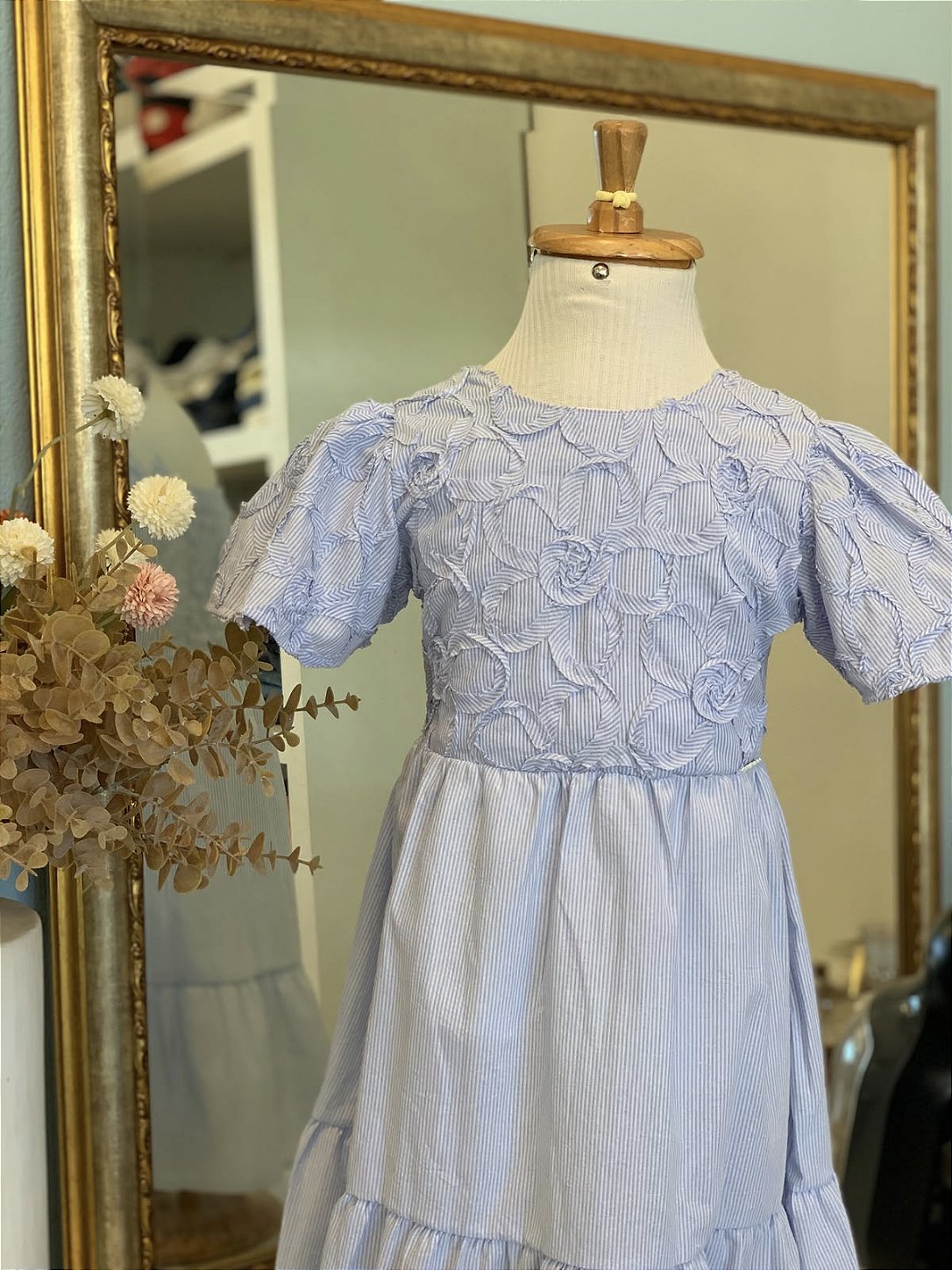 Vestido Tricoline Listrado Floral 3D Azul Angel Infanti