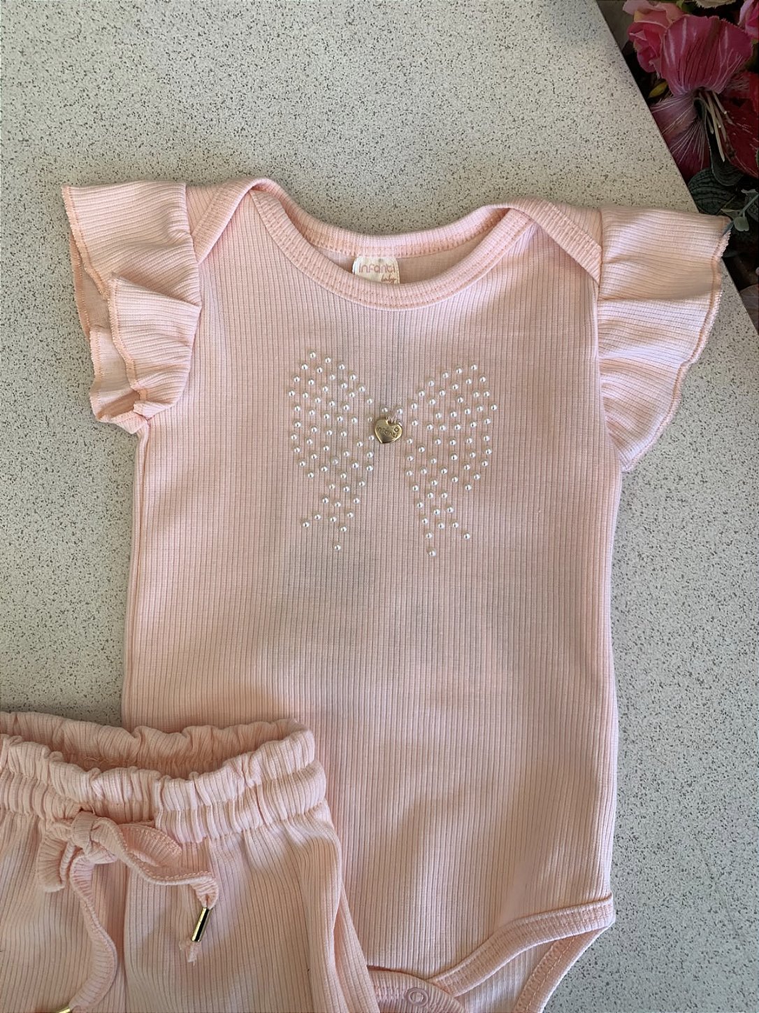 Conjunto Body e Shorts Canelado Rosa Claro Infanti