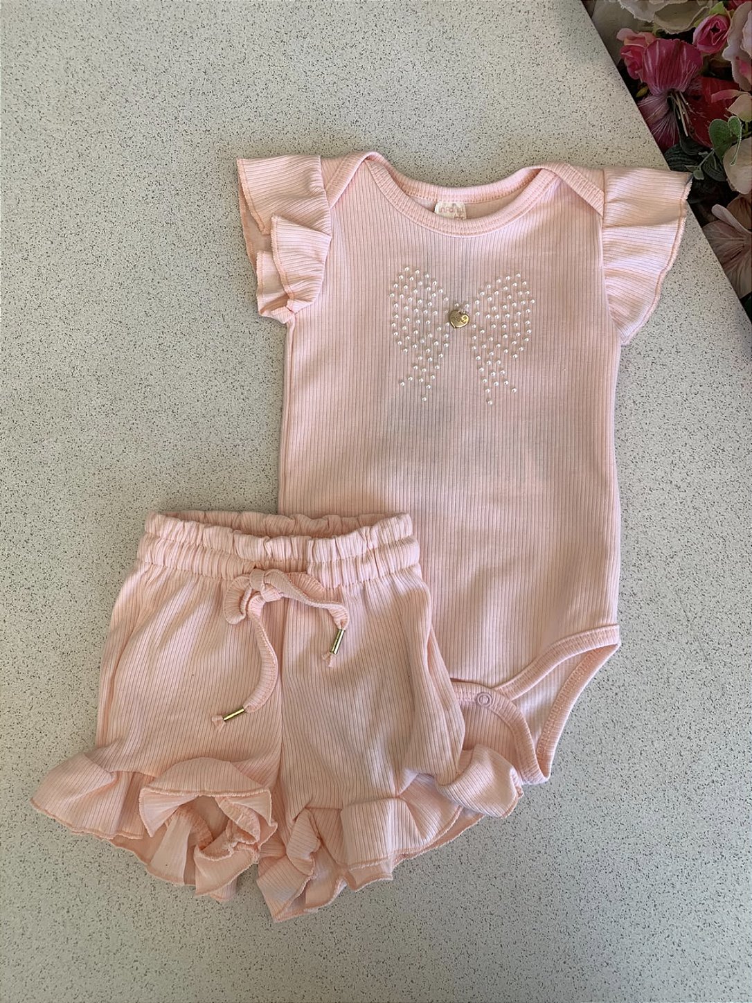 Conjunto Body e Shorts Canelado Rosa Claro Infanti