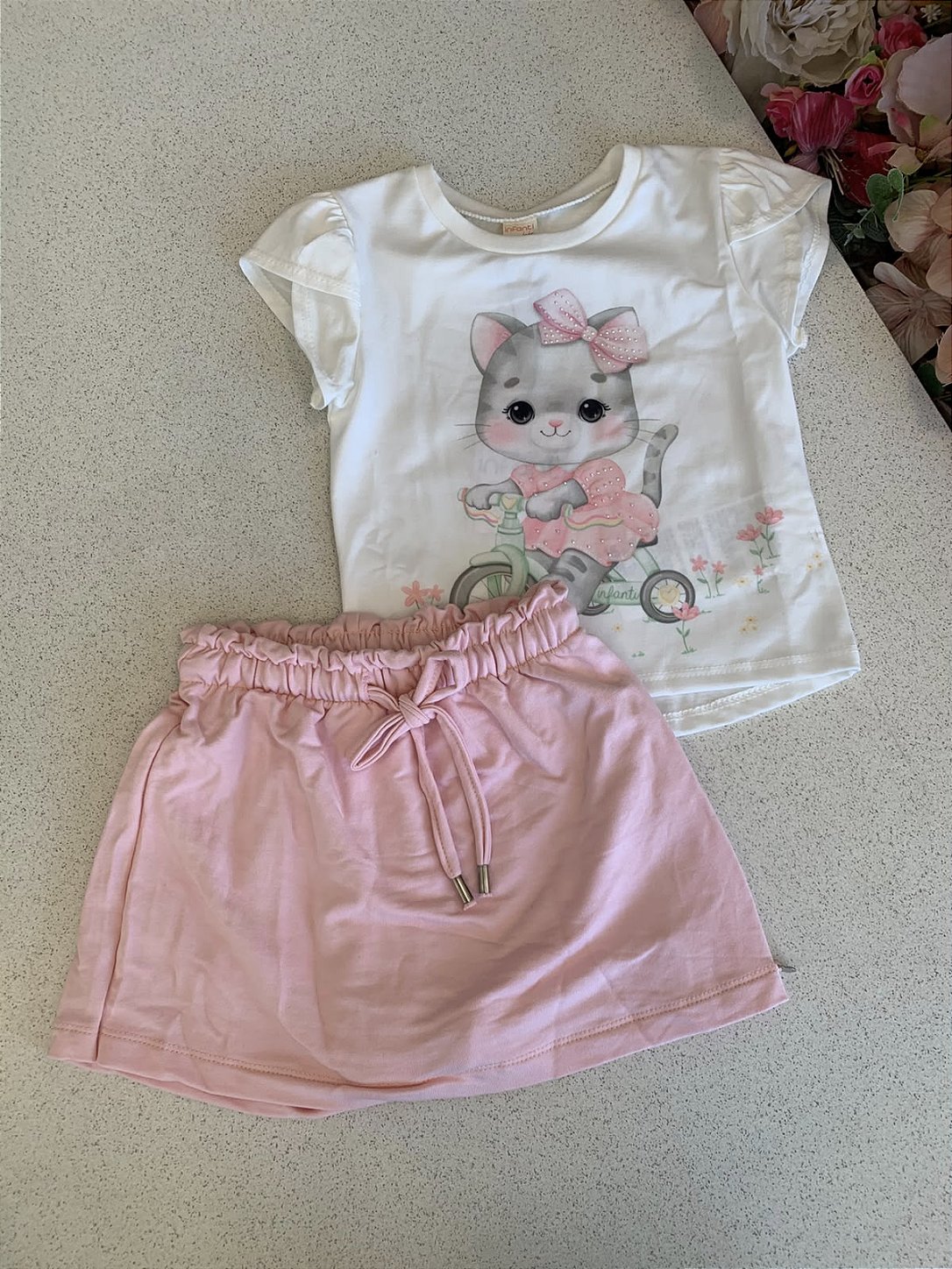 Conjunto Gatinha Malha Rosa Infanti