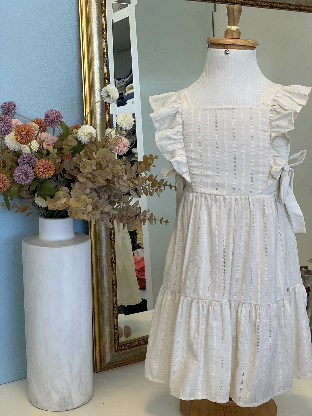 Vestido Blend de Linho Bordado Bege Claro Infanti