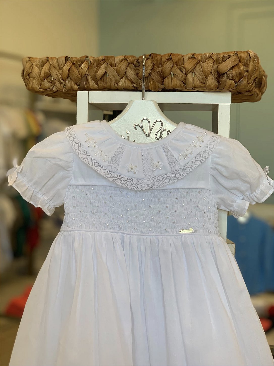 Vestido Batizado Casinha de Abelha Branco Roana