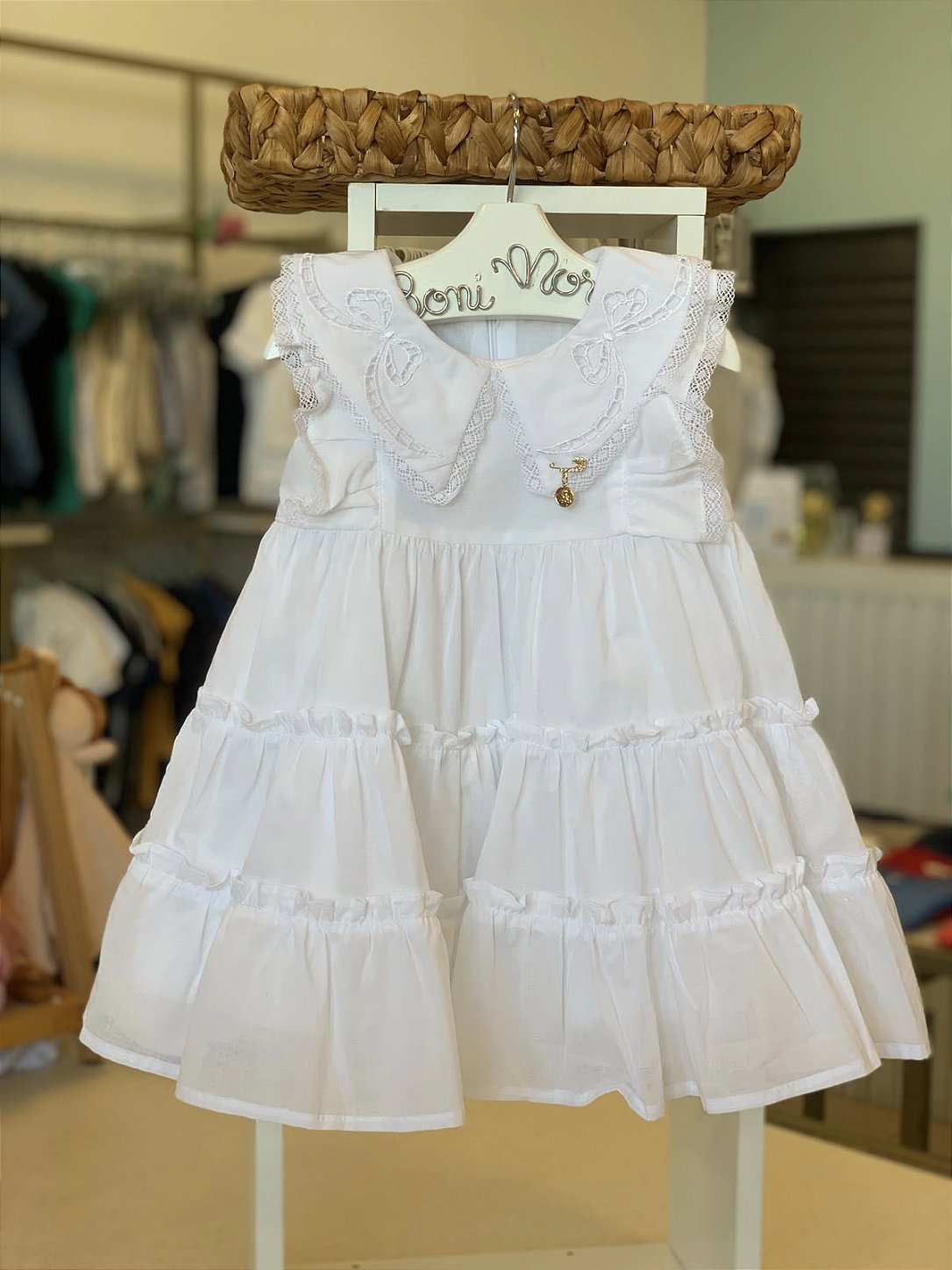 Vestido Batizado Gola Laço Branco Roana
