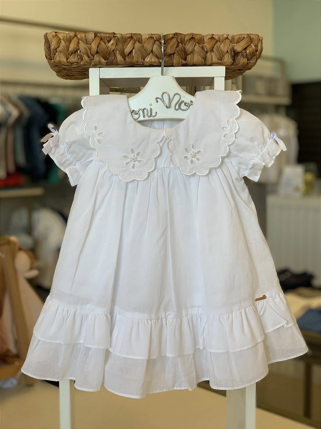 Vestido Batizado Gola Peter Pan Branco Roana