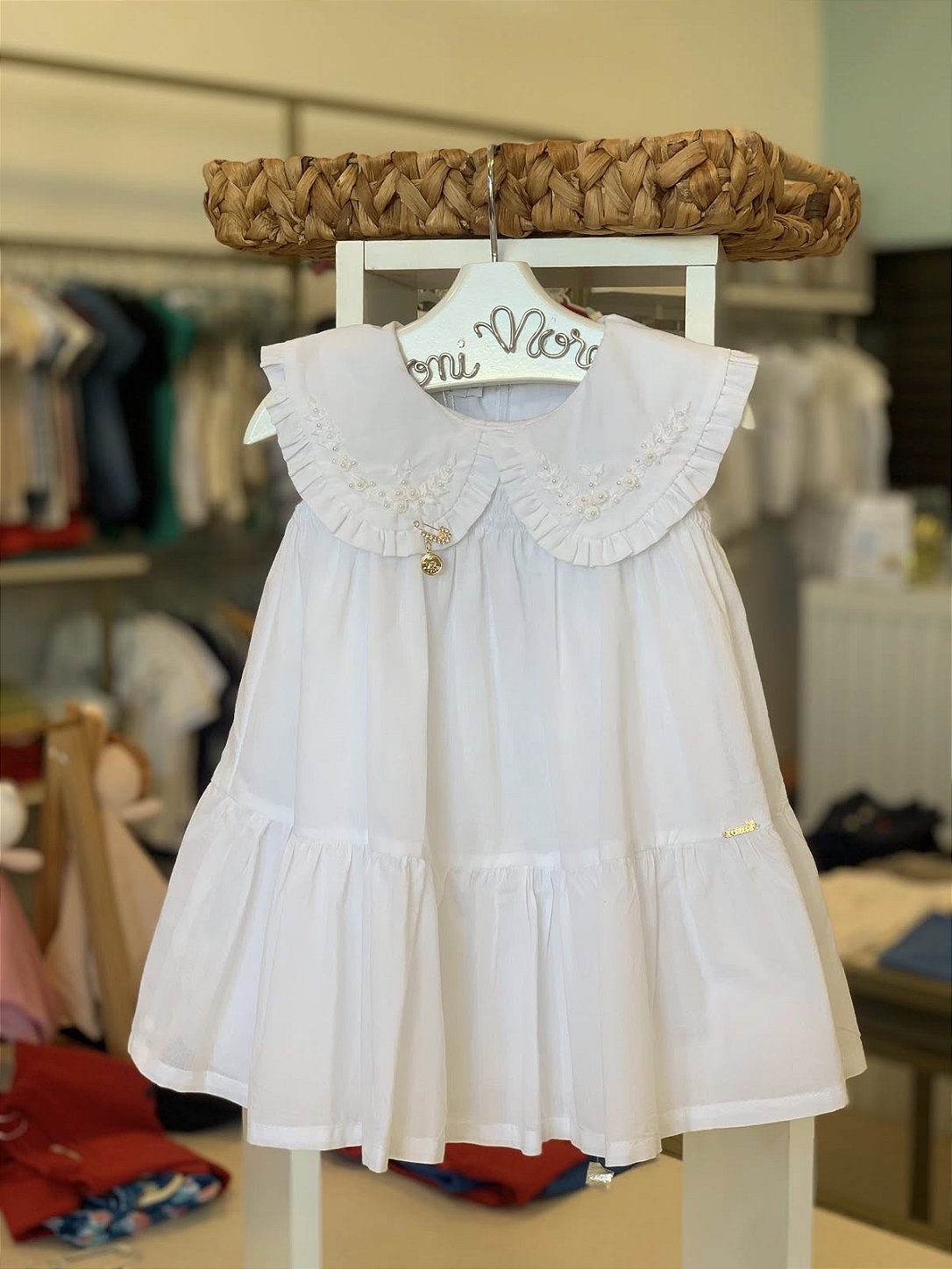 Vestido Batizado Gola Peter Pan Bordado Branco Roana