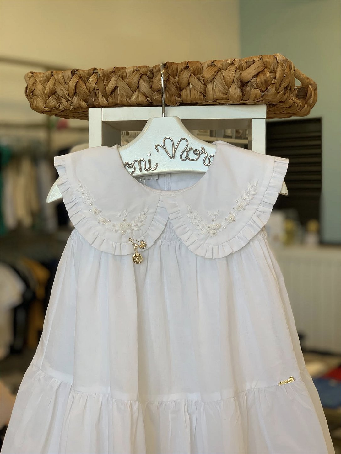 Vestido Batizado Gola Peter Pan Bordado Branco Roana