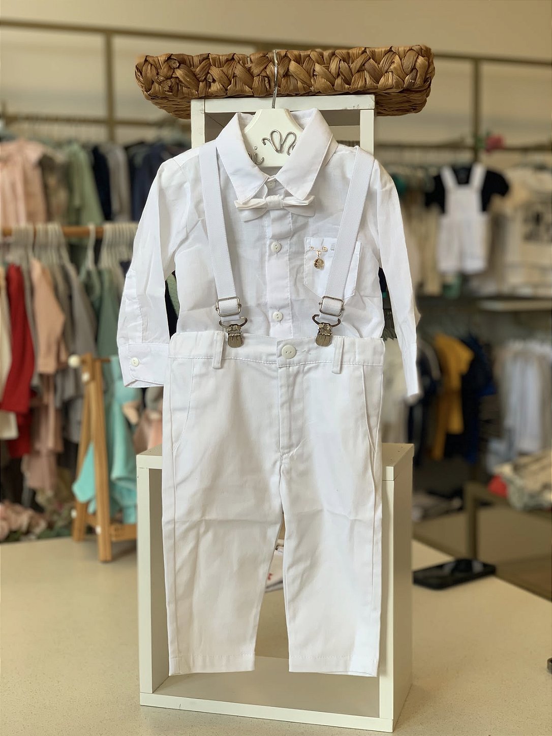 Conjunto Batizado Calça c/ Suspensório Branco Roana
