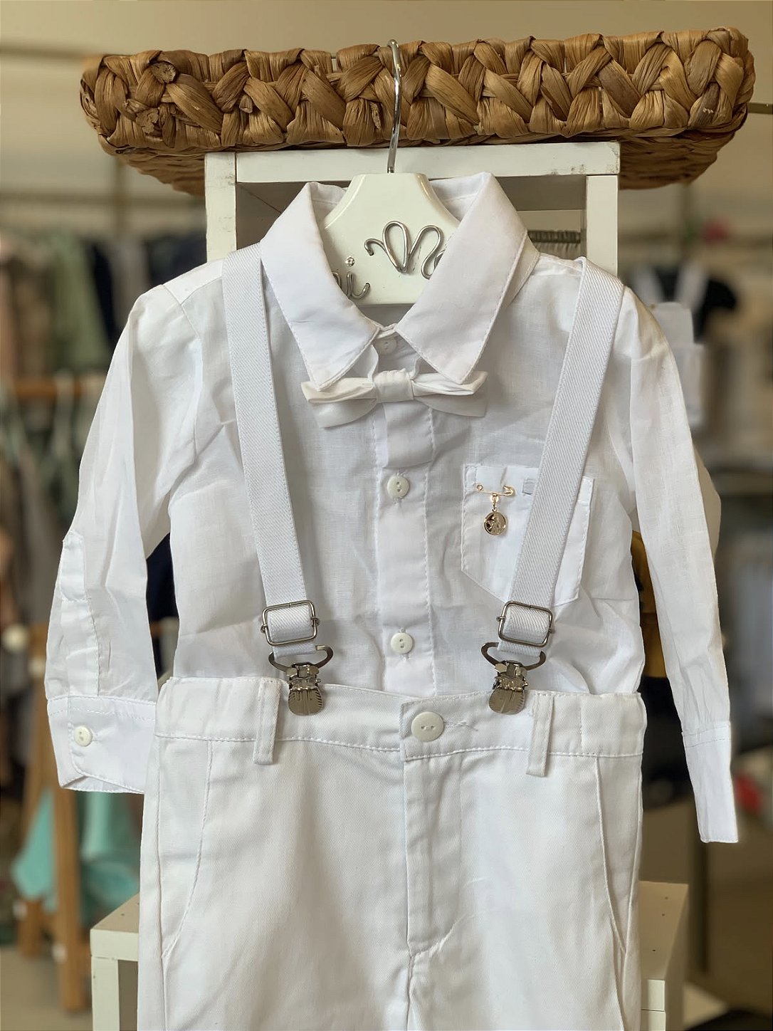 Conjunto Batizado Calça c/ Suspensório Branco Roana