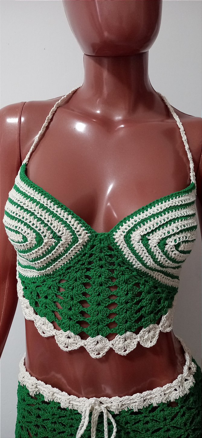 Top/croped de crochê, verde com cru, M