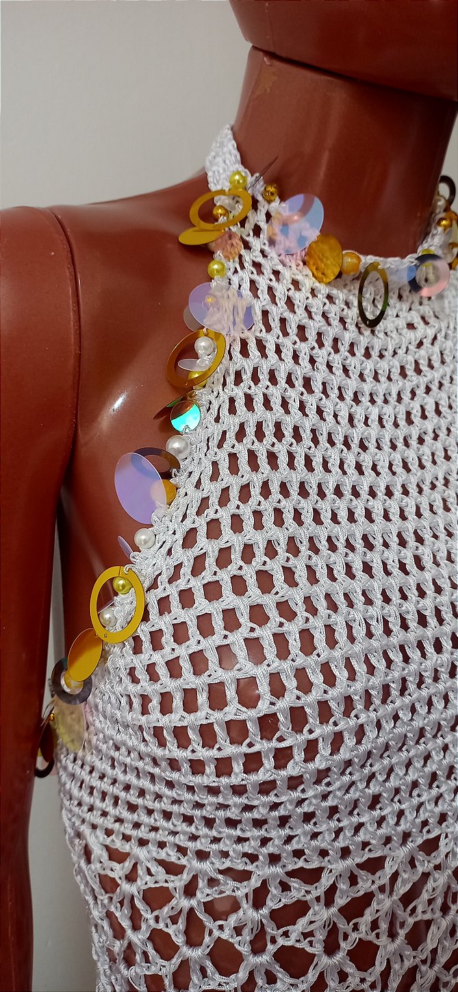 Vestido de Crochê Branco Com Pedrarias Frente Única M