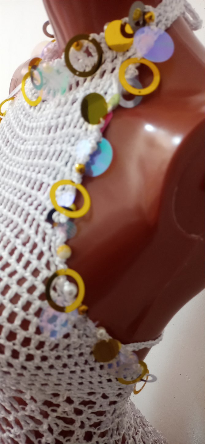 Vestido de Crochê Branco Com Pedrarias Frente Única M