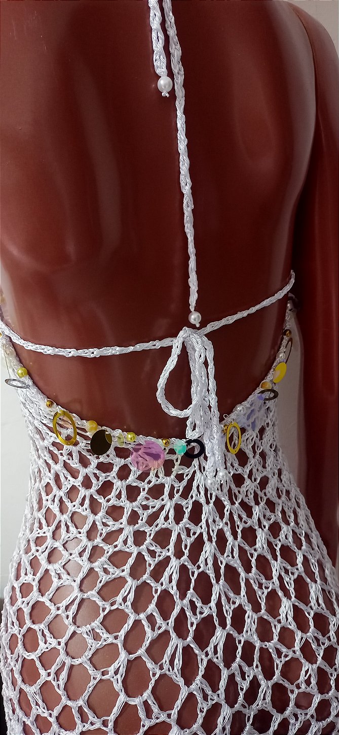Vestido de Crochê Branco Com Pedrarias Frente Única M
