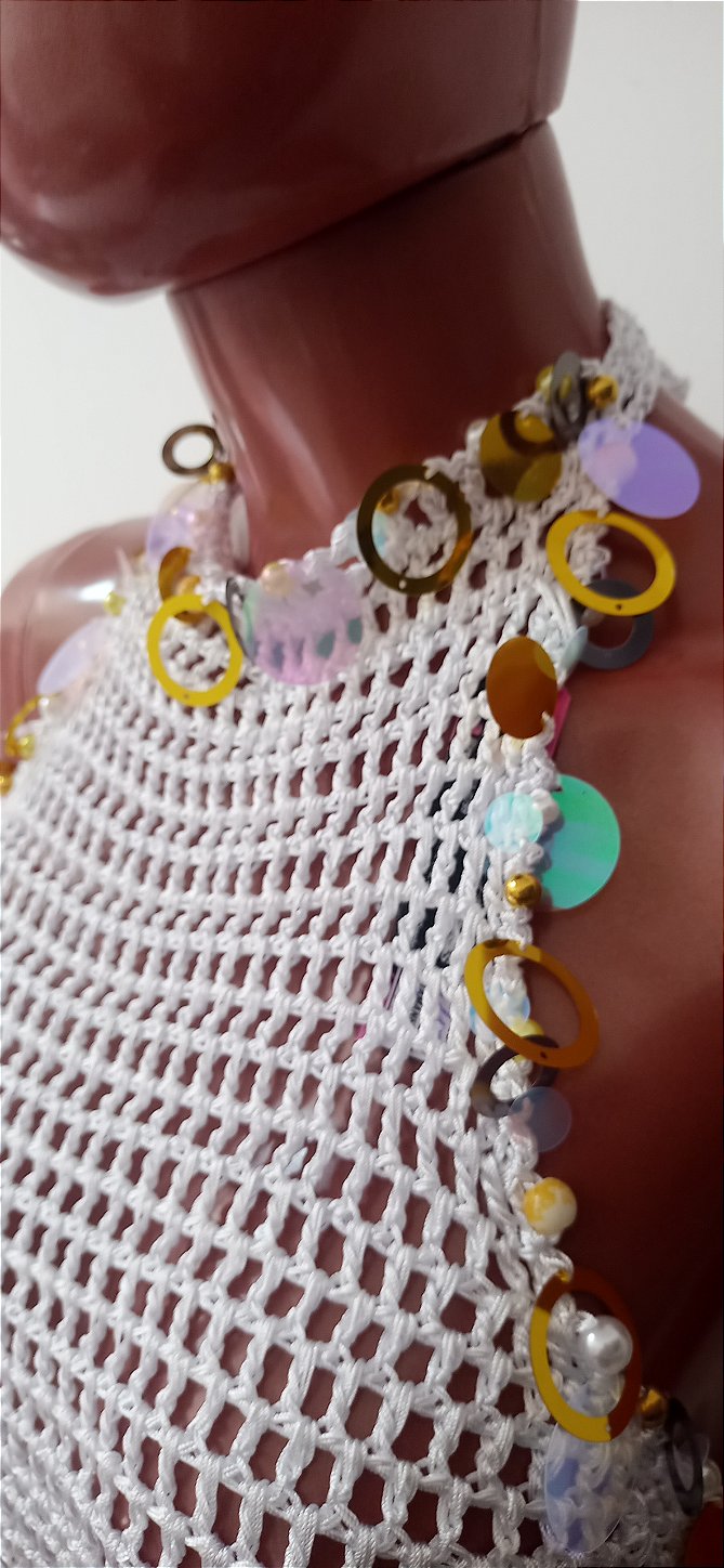 Vestido de Crochê Branco Com Pedrarias Frente Única M