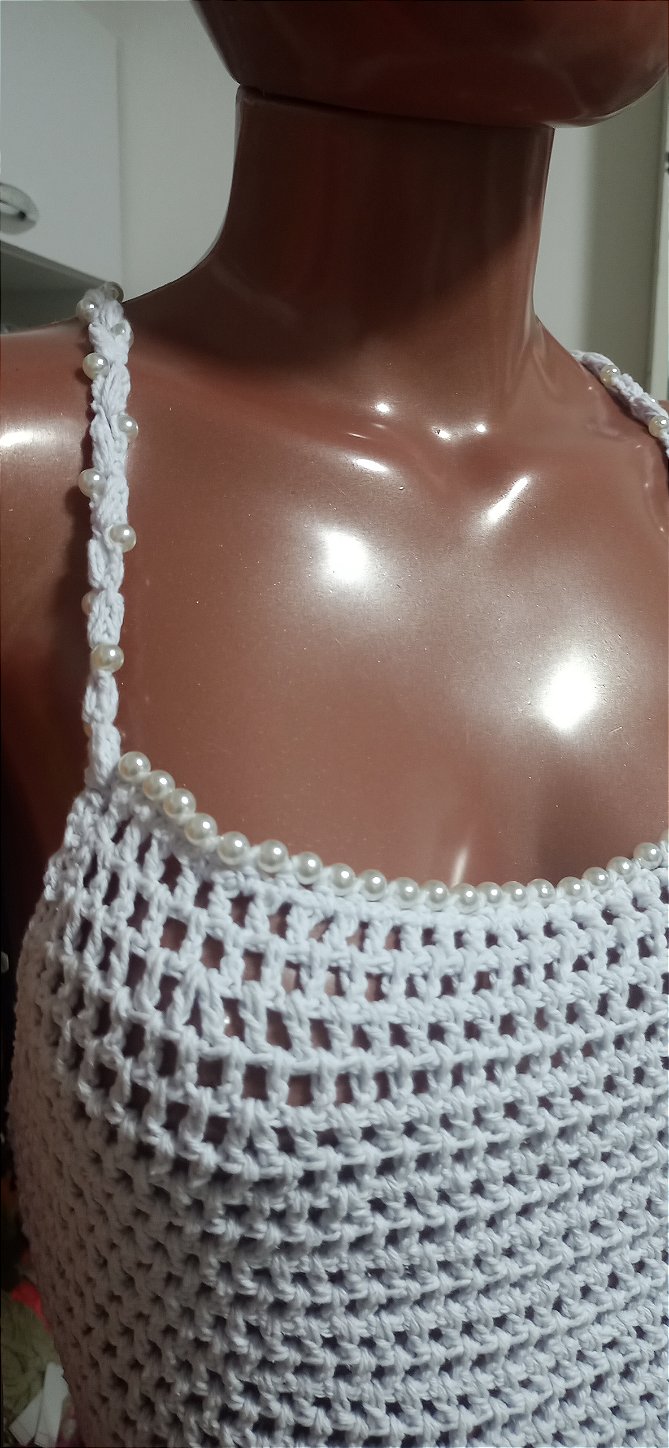 Vestido de Crochê Branco Com Perola e franjas Frente Única M