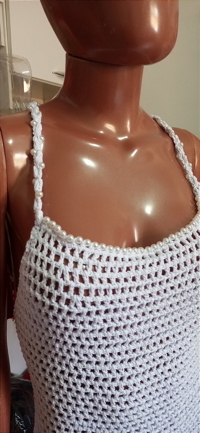 Vestido de Crochê Branco Com Perola e franjas Frente Única M
