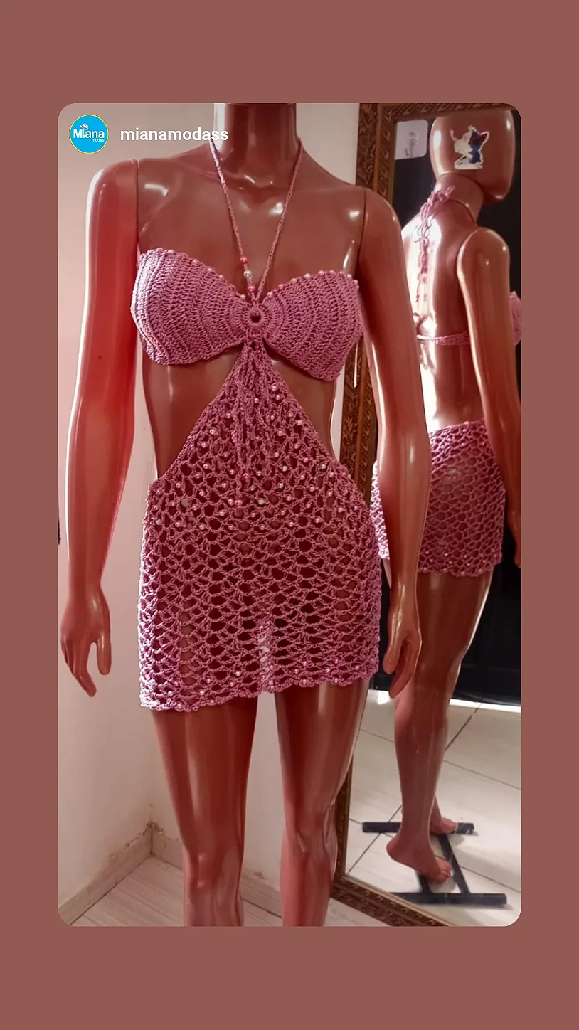 Vestido de Crochê Rosê com Pérolas – Tamanho M