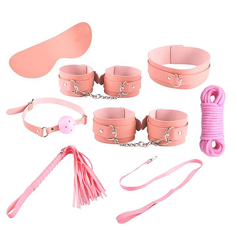 Kit Fetiche BDSM com 7 Peças Rosa Algemas Chicote e Mordaça