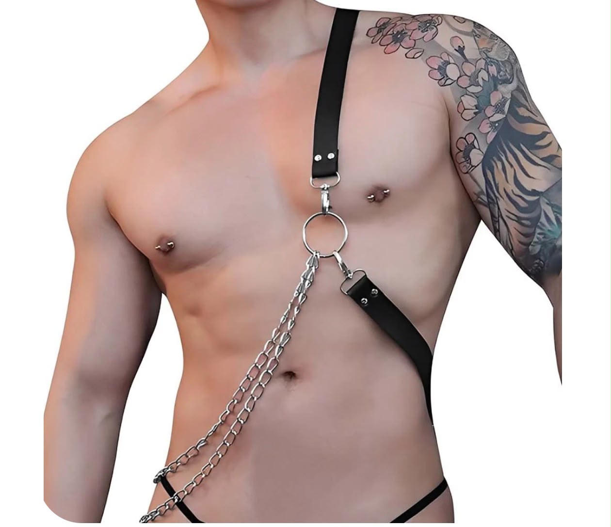 Harness Peitoral Masculino Espartano em Couro com Correntes Ajustável