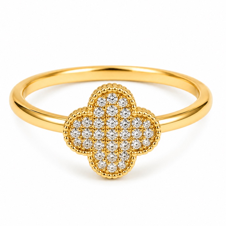 Anel Trevo Cravejado Dourado Banhado a Ouro