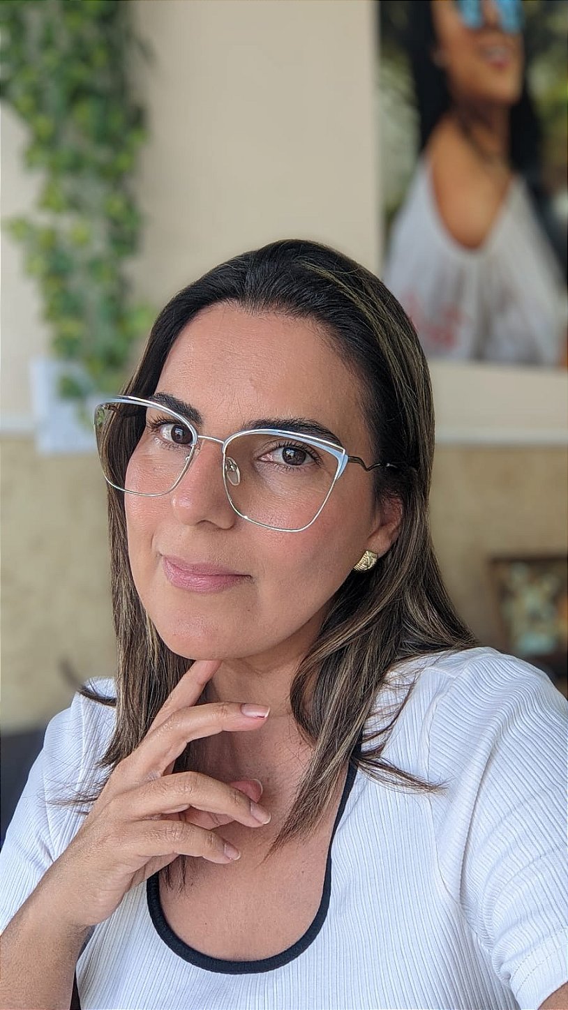 Armação Feminina Prata com Detalhes em Azul - Tamanho 54