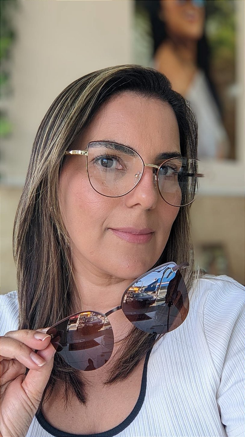 Armação Feminina Dourada com Clip-On Marrom - Tamanho 56