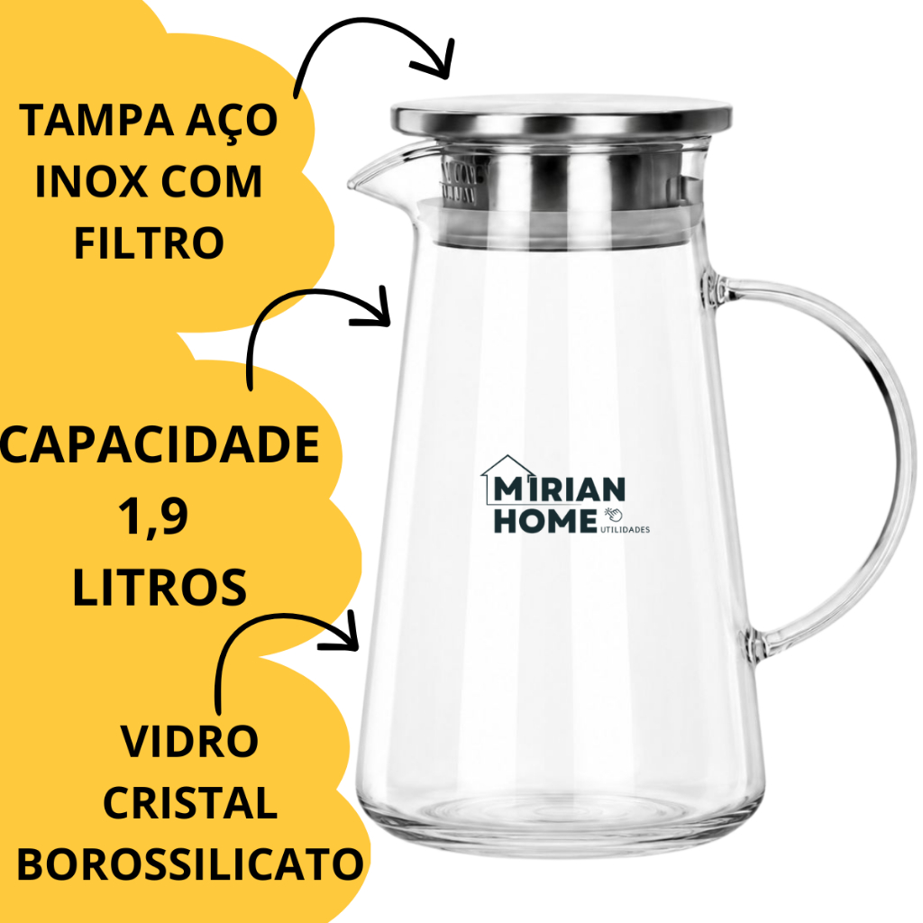 Kit Jarra Borossilicato Tampa Inox 1,9L + 6 Copos