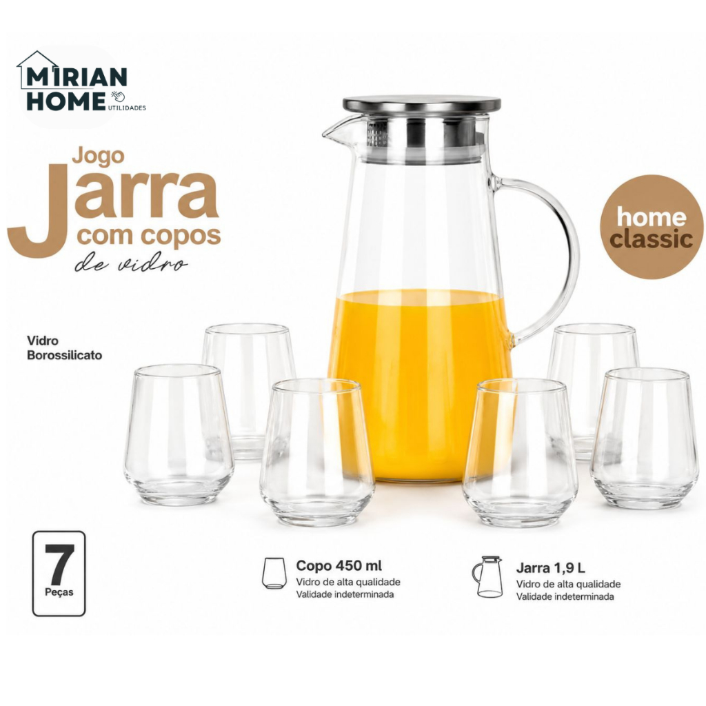 Kit Jarra Borossilicato Tampa Inox 1,9L + 6 Copos