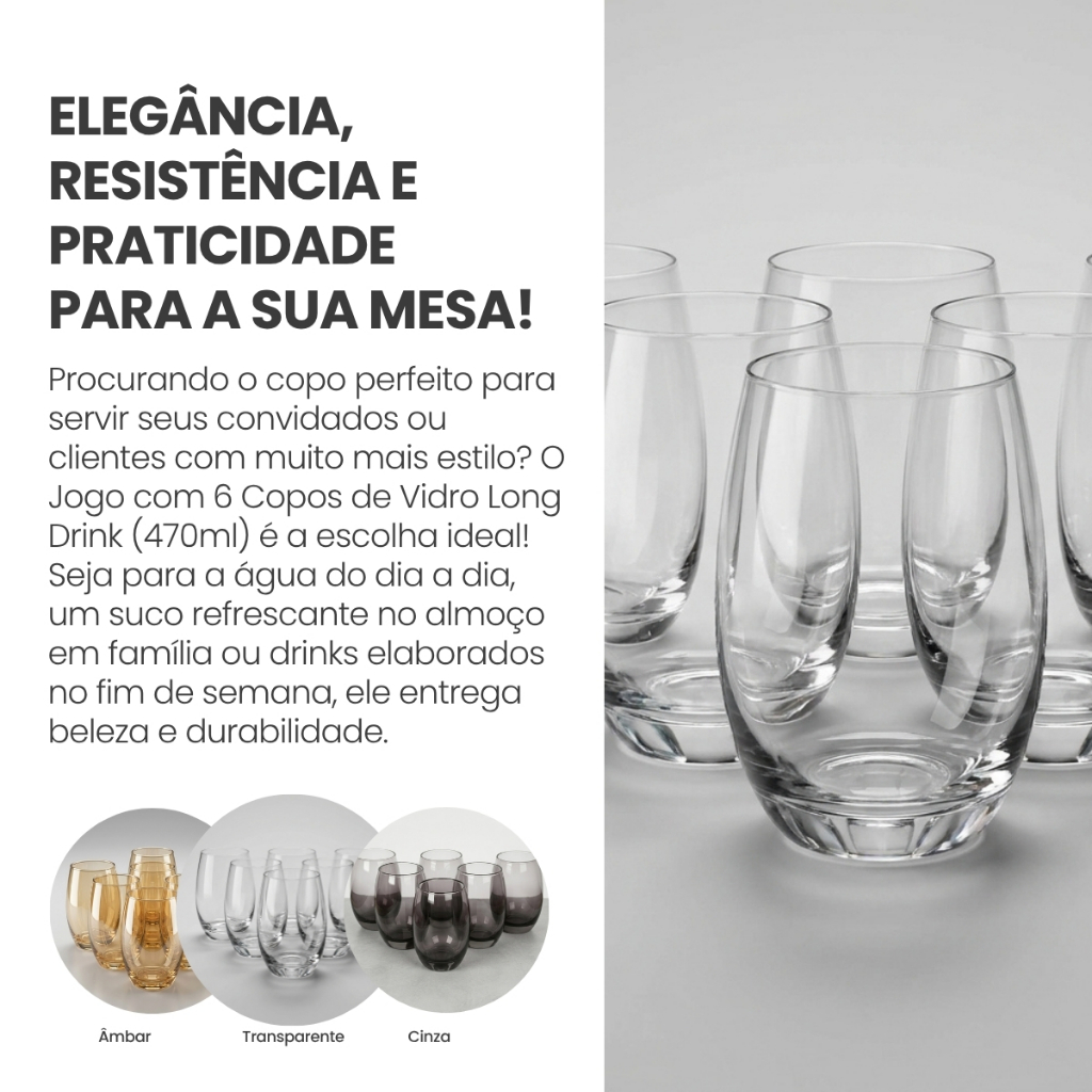 Jogo com 6 copos de vidro Long Drinks 470ml