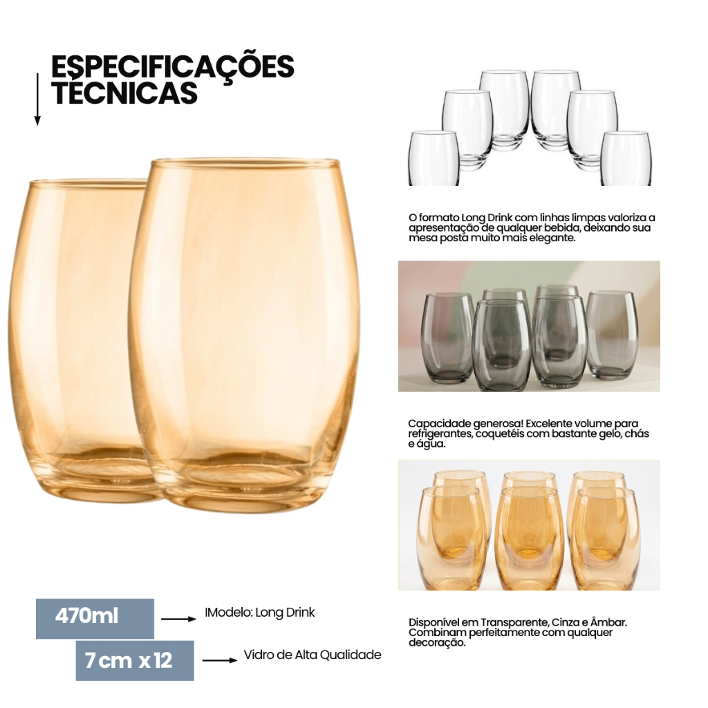 Jogo com 6 copos de vidro Long Drinks 470ml
