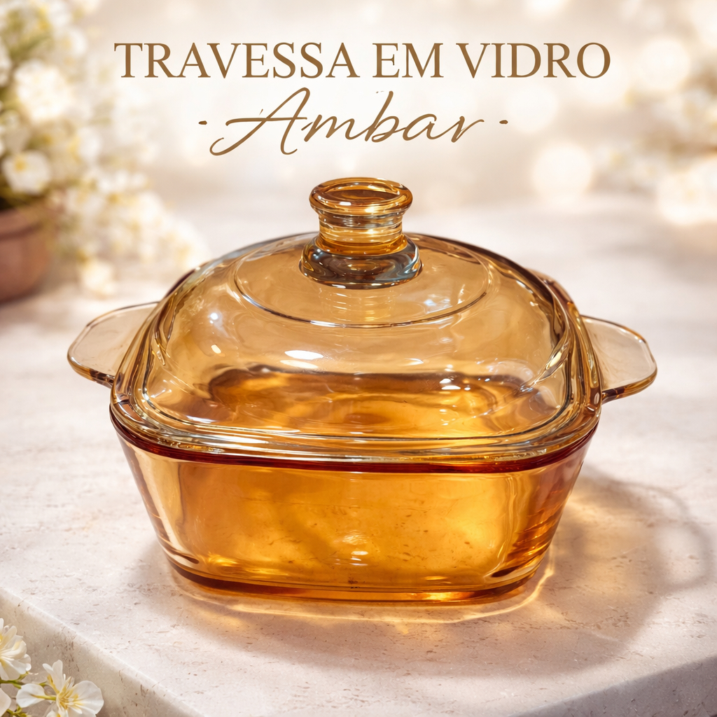 Travessa com Tampa Âmbar Elegante em Vidro