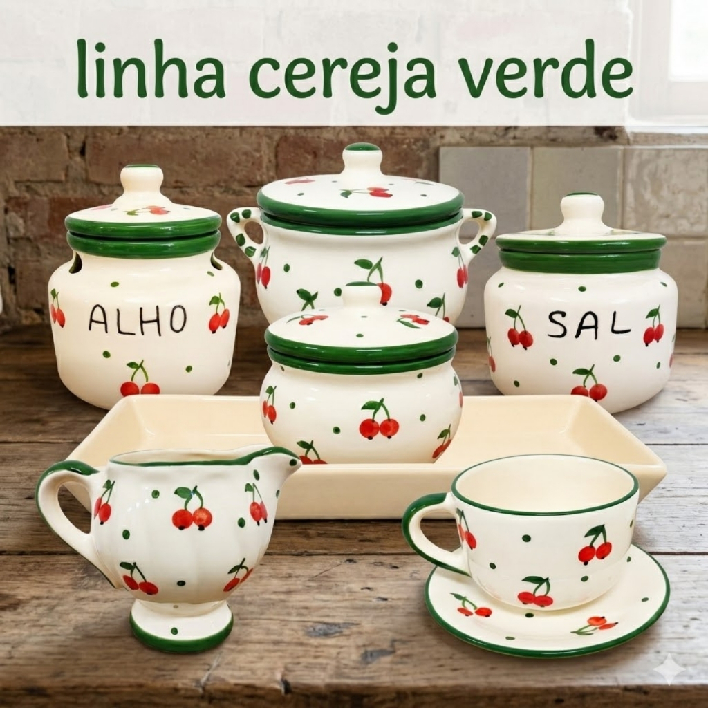 Kit jogo Cozinha Cerâmica Cereja Verde