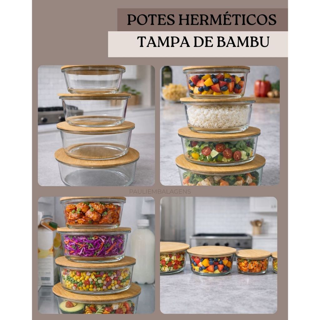 Kits Com 4 Potes de Vidros Redondos Com Tampas de Bambú