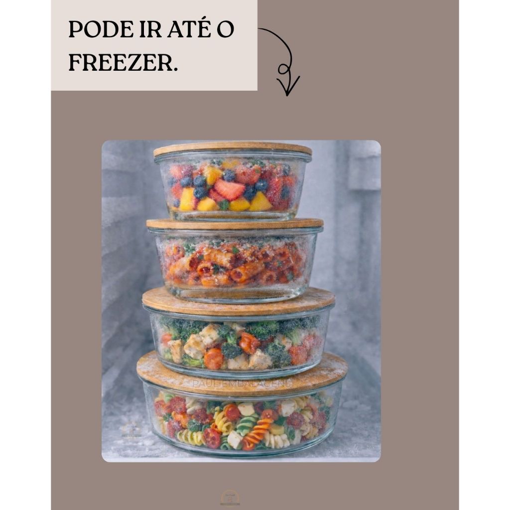 Kits Com 4 Potes de Vidros Redondos Com Tampas de Bambú