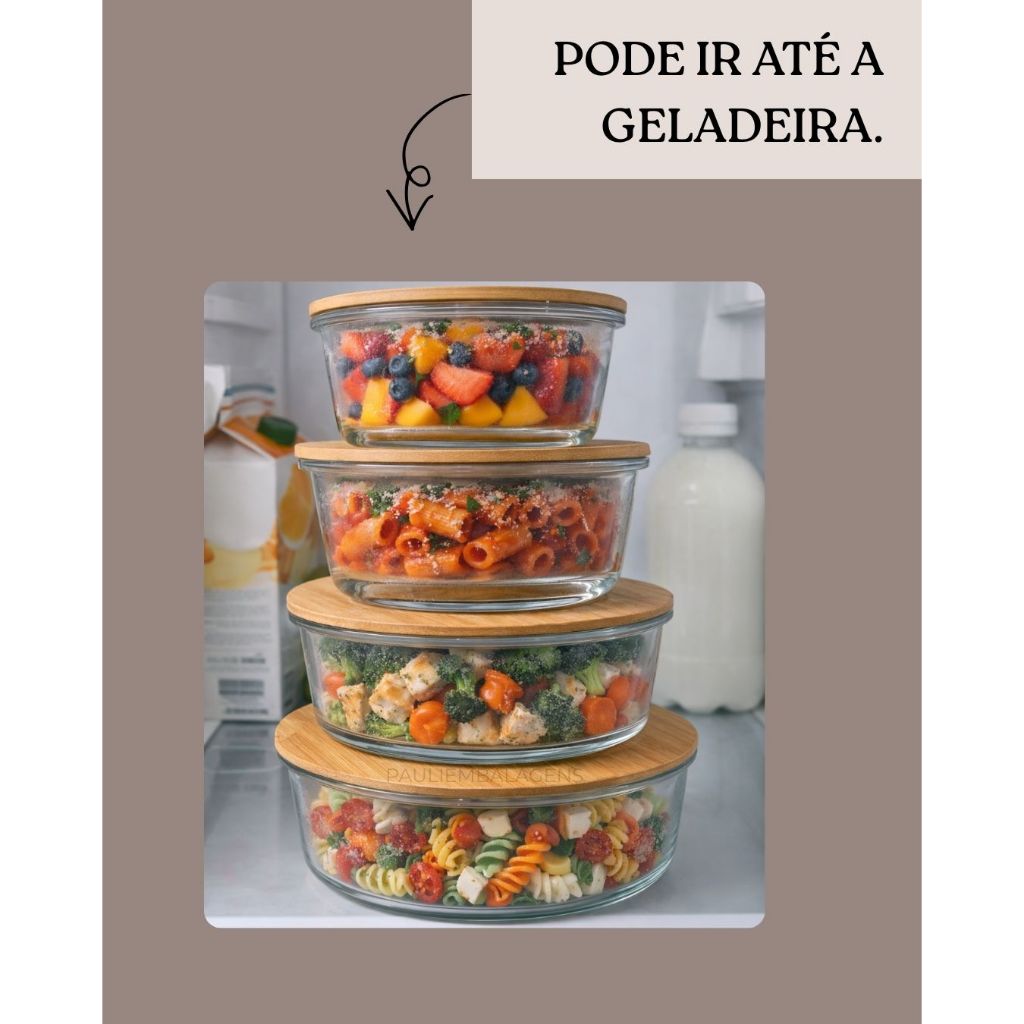 Kits Com 4 Potes de Vidros Redondos Com Tampas de Bambú