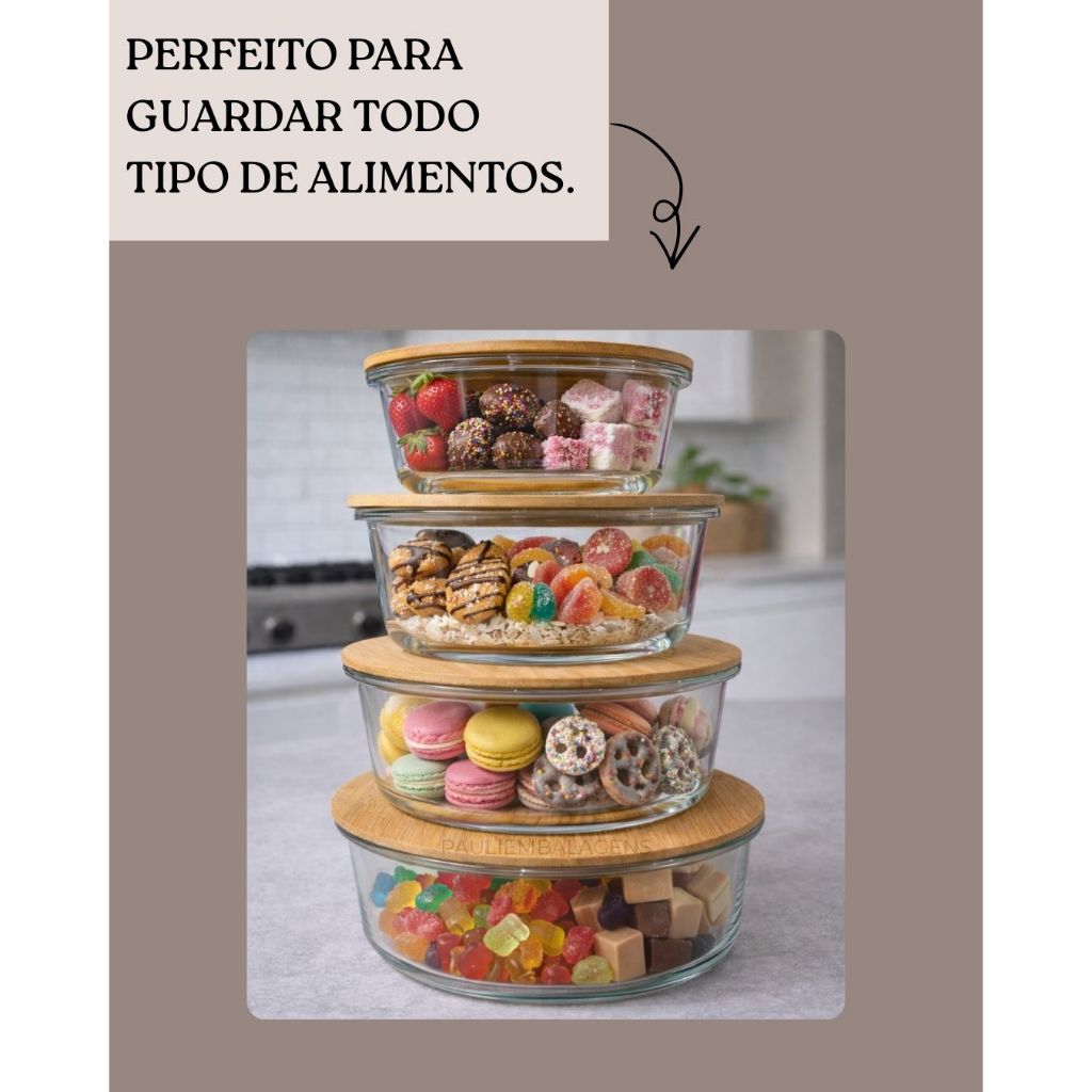 Kits Com 4 Potes de Vidros Redondos Com Tampas de Bambú