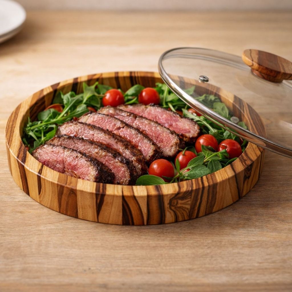 Saladeira Gamela em Madeira teca Com Tampa de Vidro