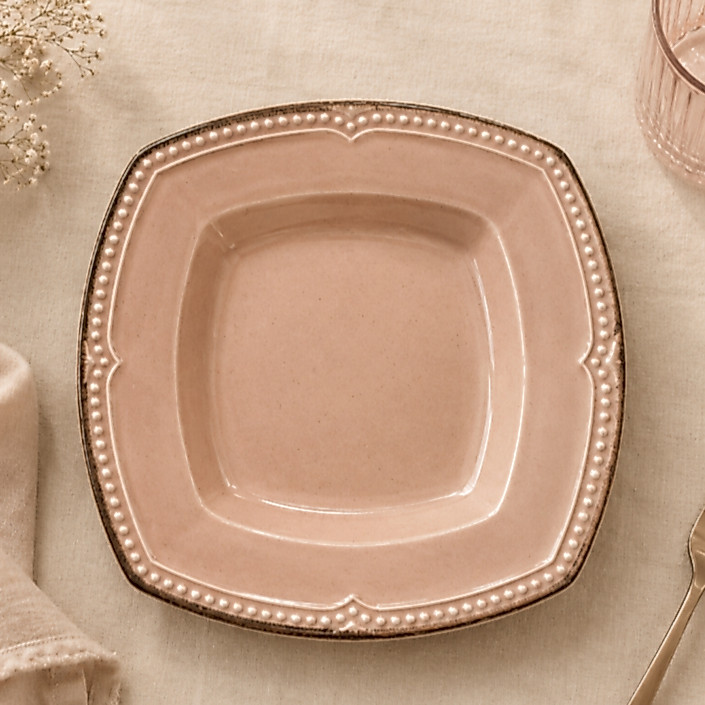 Conjunto de 6 pratos Rosa Cerâmica Borda Queimada Quadrada