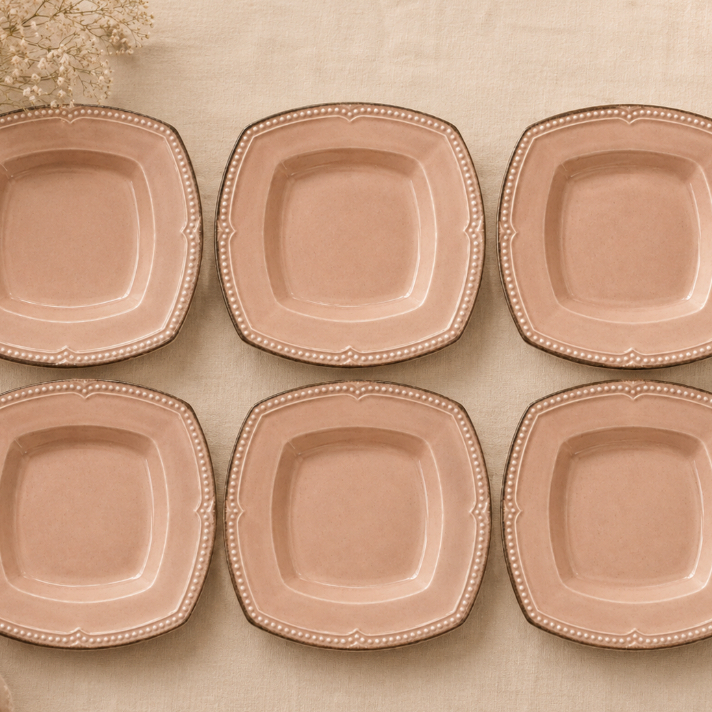 Conjunto de 6 pratos Rosa Cerâmica Borda Queimada Quadrada