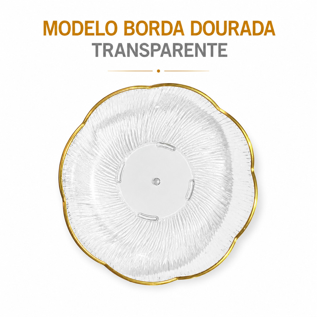 Prato Nórdico Sobremesa Petiscos Frutas em Acrílico com Borda Dourada Floral
