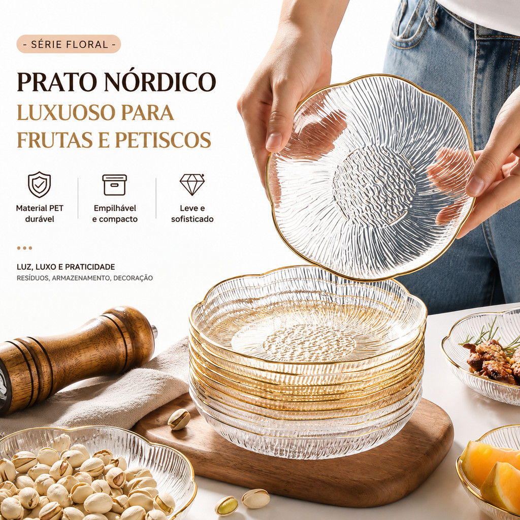 Prato Nórdico Sobremesa Petiscos Frutas em Acrílico com Borda Dourada Floral