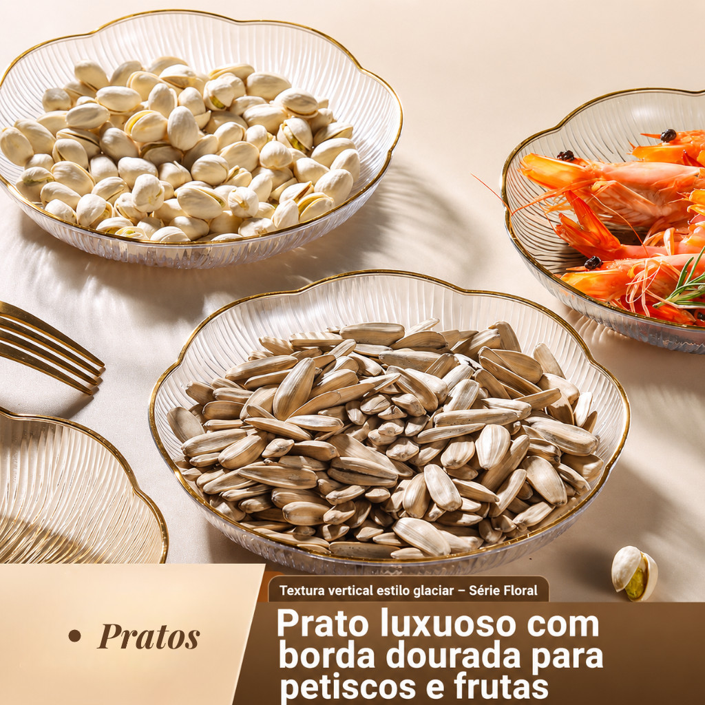 Prato Nórdico Sobremesa Petiscos Frutas em Acrílico com Borda Dourada Floral