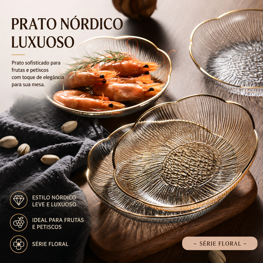 Prato Nórdico Sobremesa Petiscos Frutas em Acrílico com Borda Dourada Floral