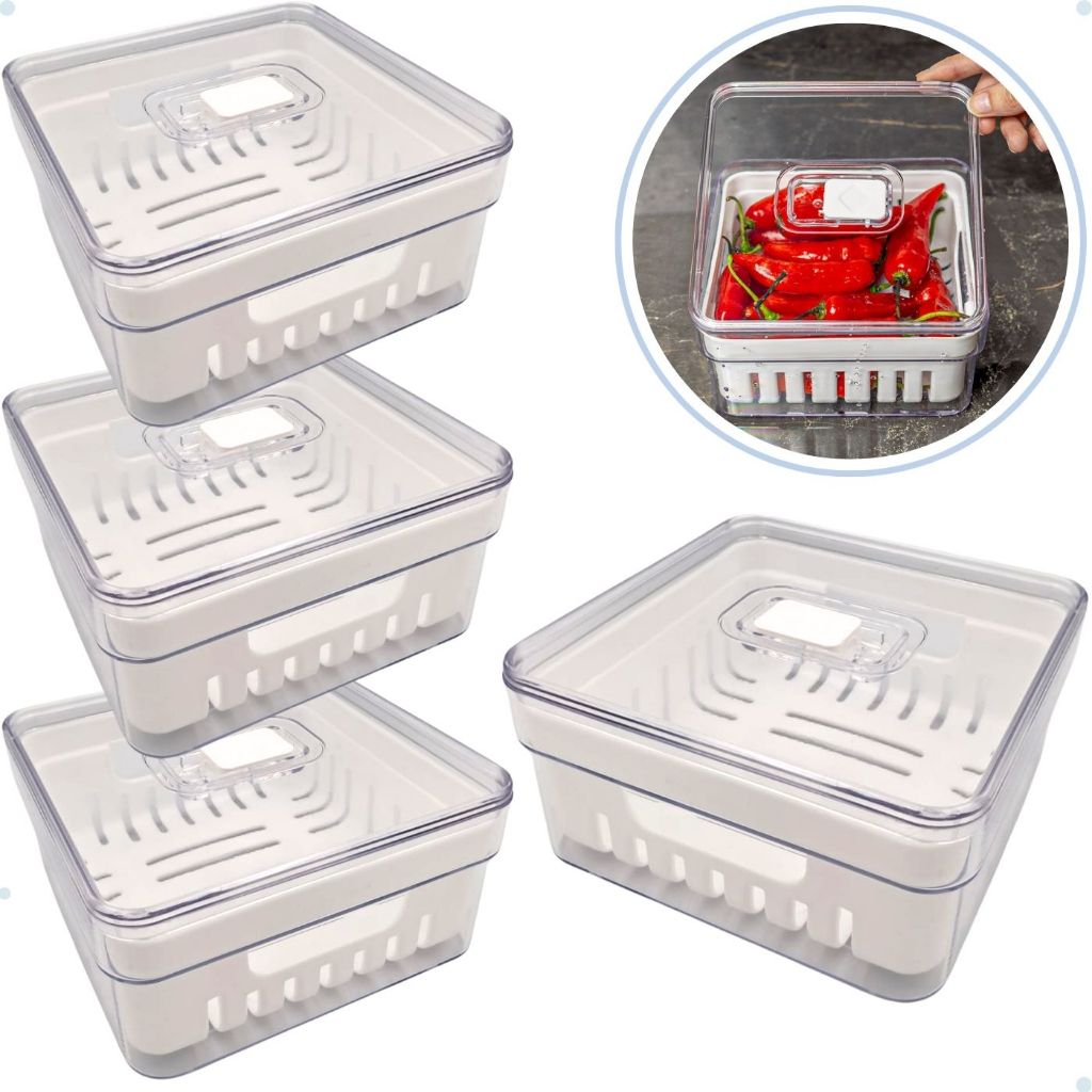 Kit Organizador de Geladeira Clear Com Tampa e Cesto Drenagem