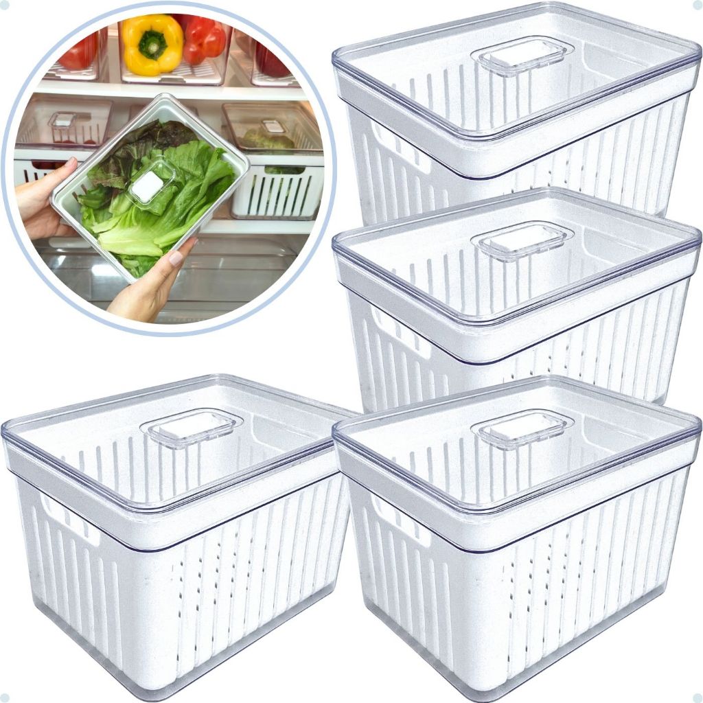 Kit Organizador de Geladeira Clear Com Tampa e Cesto Drenagem