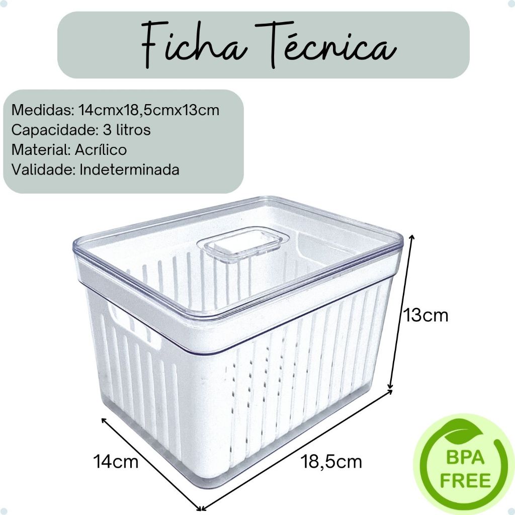 Kit Organizador de Geladeira Clear Com Tampa e Cesto Drenagem