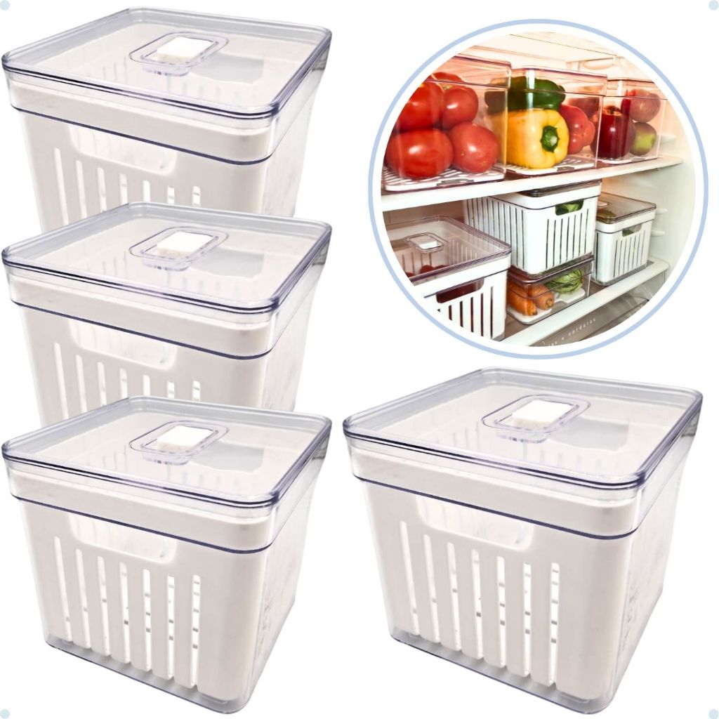 Kit Organizador de Geladeira Clear Com Tampa e Cesto Drenagem