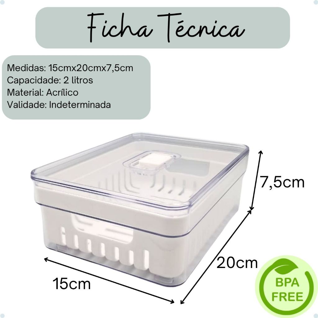Kit Organizador de Geladeira Clear Com Tampa e Cesto Drenagem