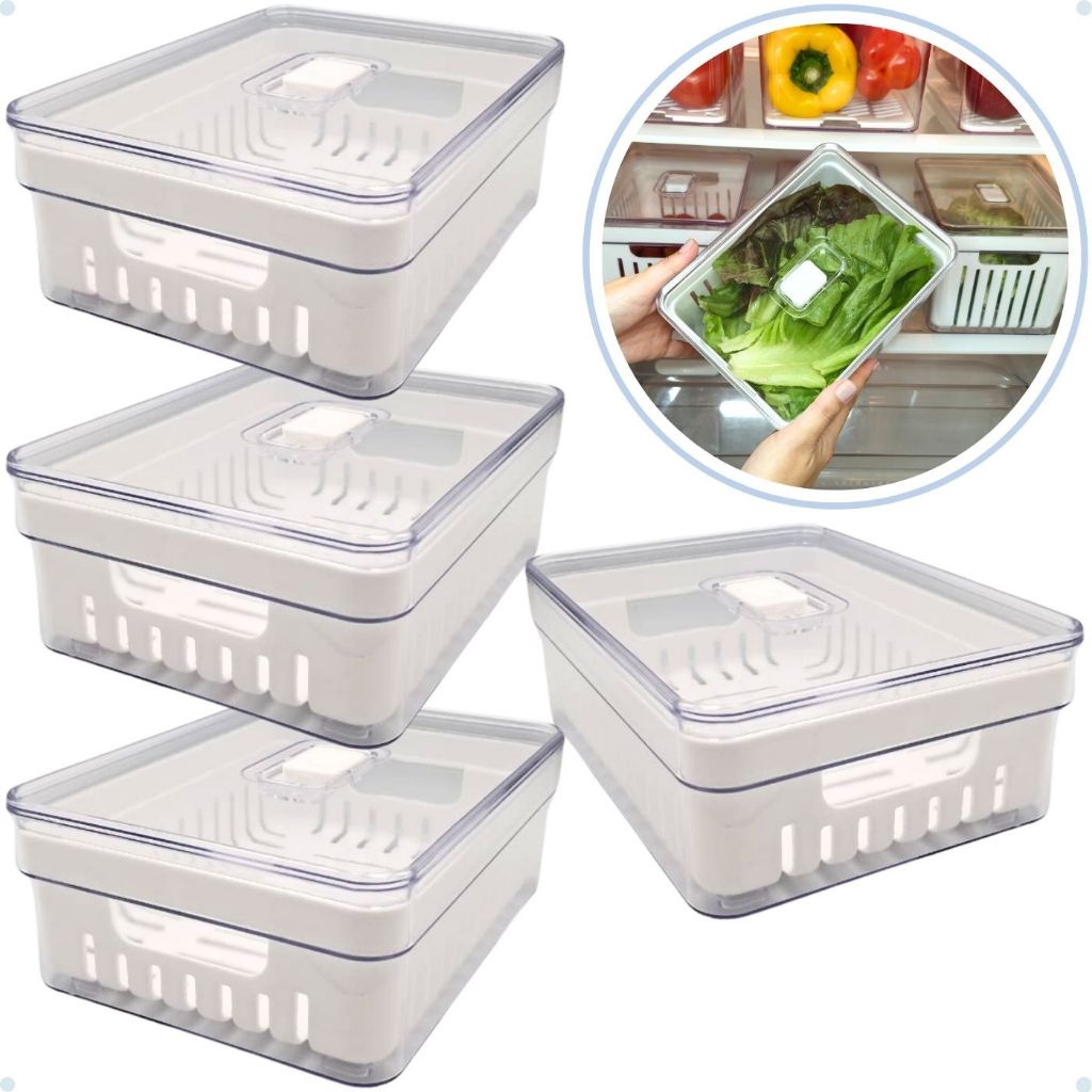 Kit Organizador de Geladeira Clear Com Tampa e Cesto Drenagem