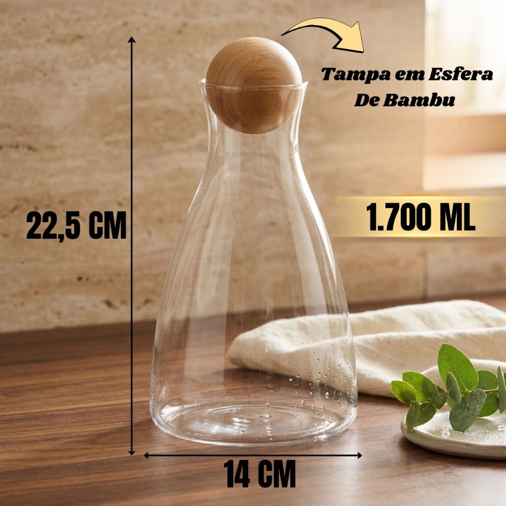 Jarra de Água Vidro Com Tampa de Bambú 1,7 Litros e 6 copos