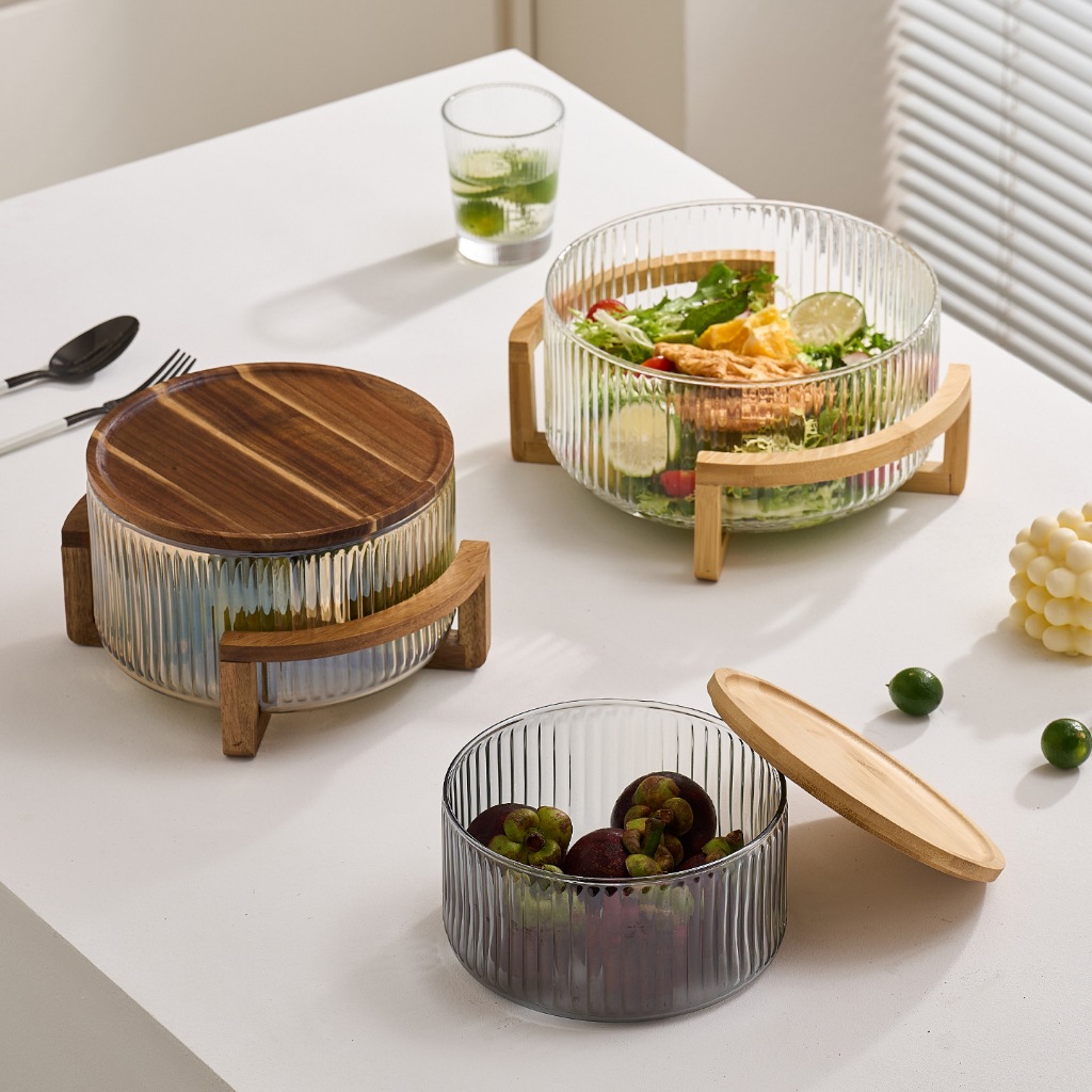 Conjunto de Saladeira Extra Grande de Vidro 1,8L 3L Com Tampa e Base junto